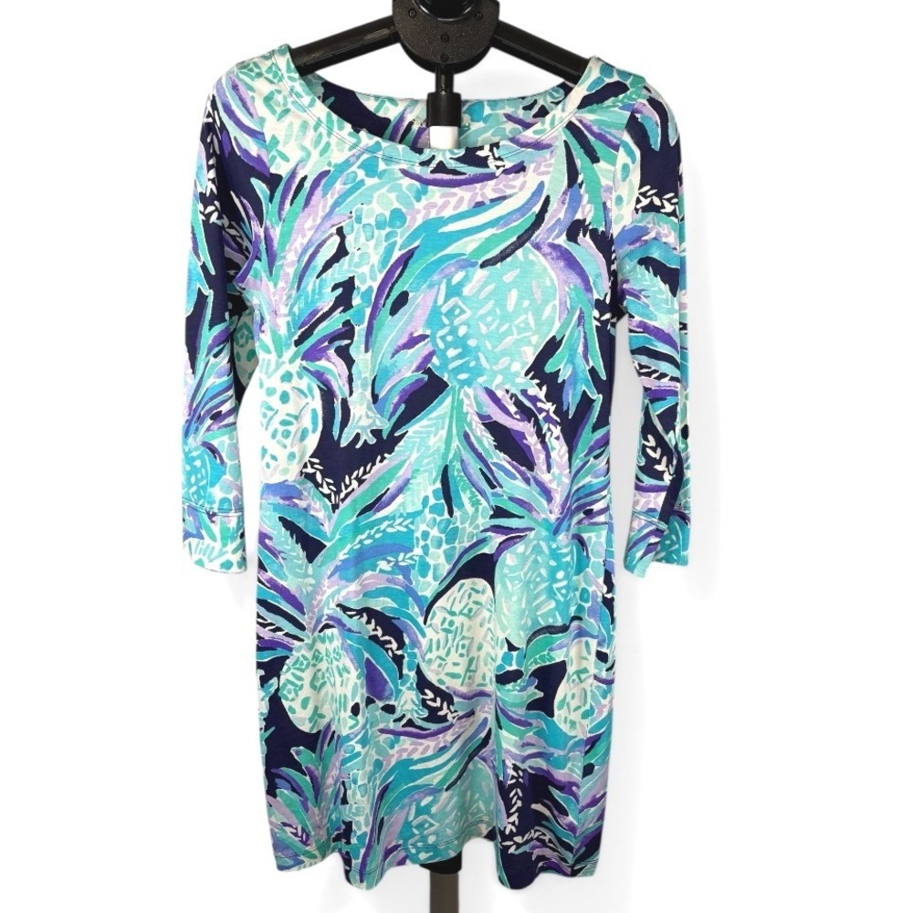 Lilly Pulitzer Womens Pineapple Print Pima Cotton 3/4 Sleeve Cutout Dress M